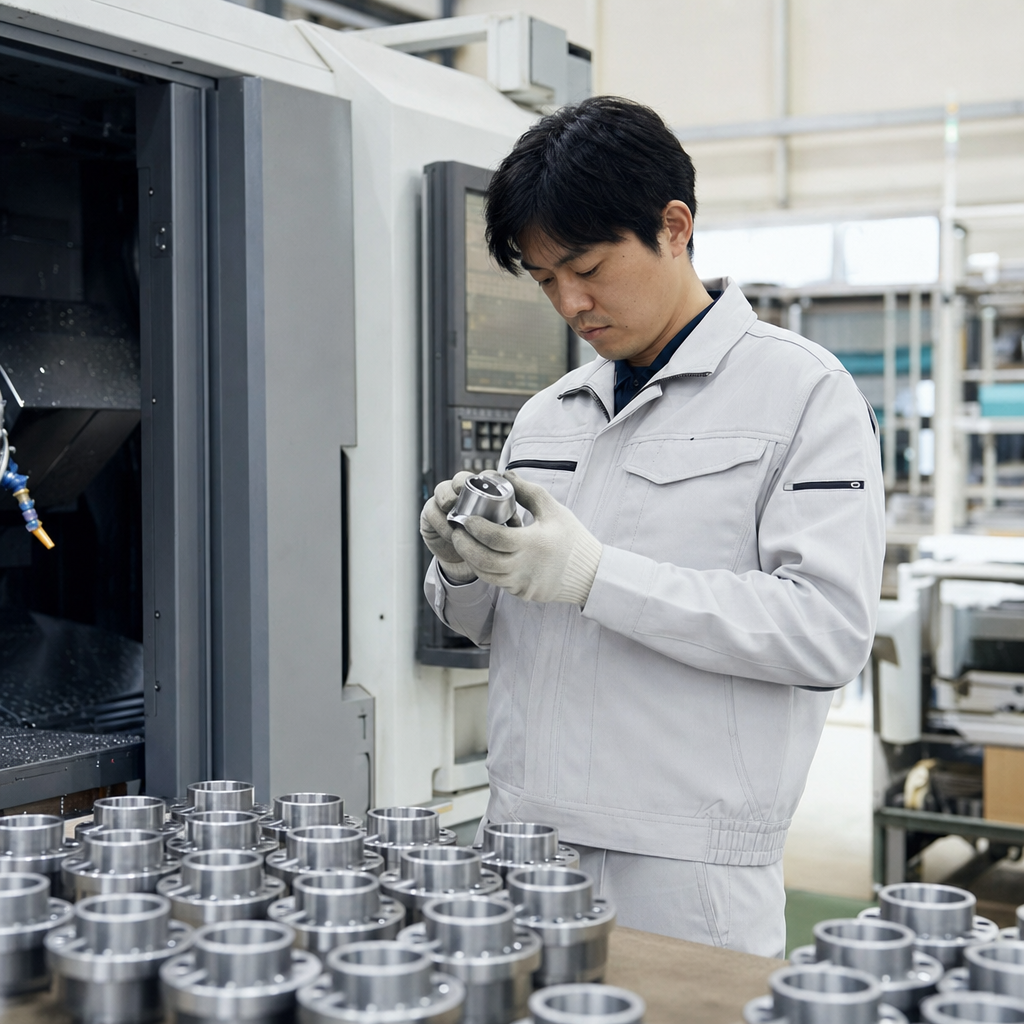 金属加工工場で製品を検品する作業者