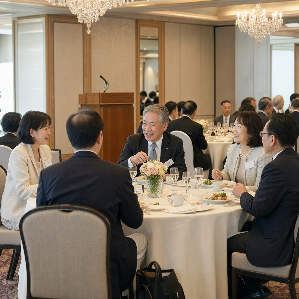 奉仕団体の例会。円卓で歓談する参加者